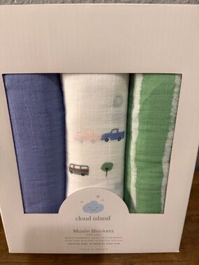 cloud island Baby Muslin Blanket Set - Blue, White, Green Cars 3 pack NEW